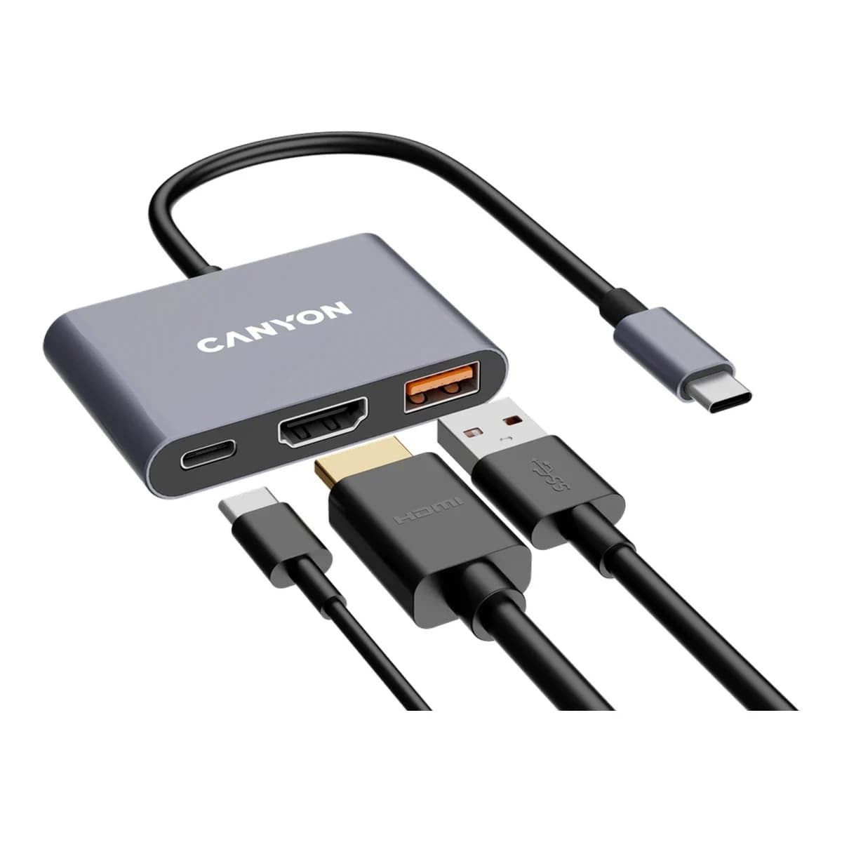 CANYON USB-C Hub DS-4 3in1 Sivi - USB-C 3.2 Gen 1, USB-A 3.2 Gen 1, HDMI 4K@30Hz, USB-C Power Delivery