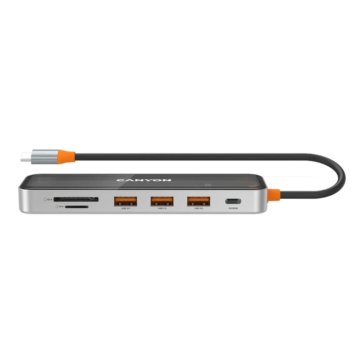 CANYON DS-13 USB-hub Size: 137.9mm*42.7mm*15mm Weight: 167.5gCable length: 155mm Material: Zinc alloy+Tempered glass+TPE Port: Type-C