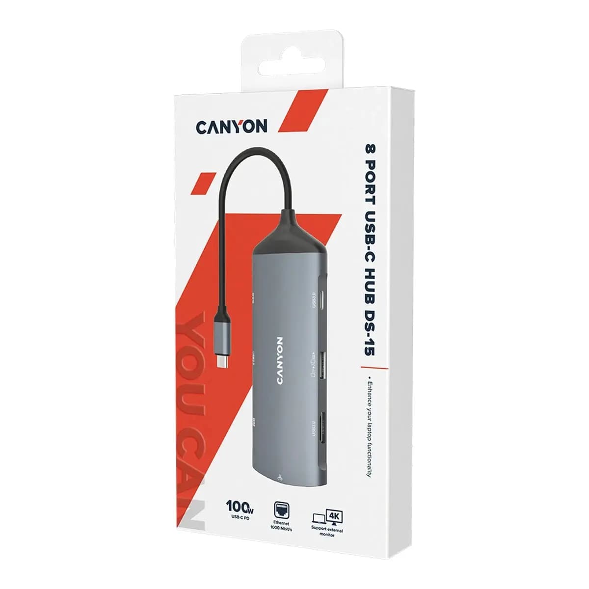 CANYON DS-15 8 in 1 hub with 1*HDMI1*Gigabit Ethernet1*USB C female:PD3.0 support max60W1*USB C male