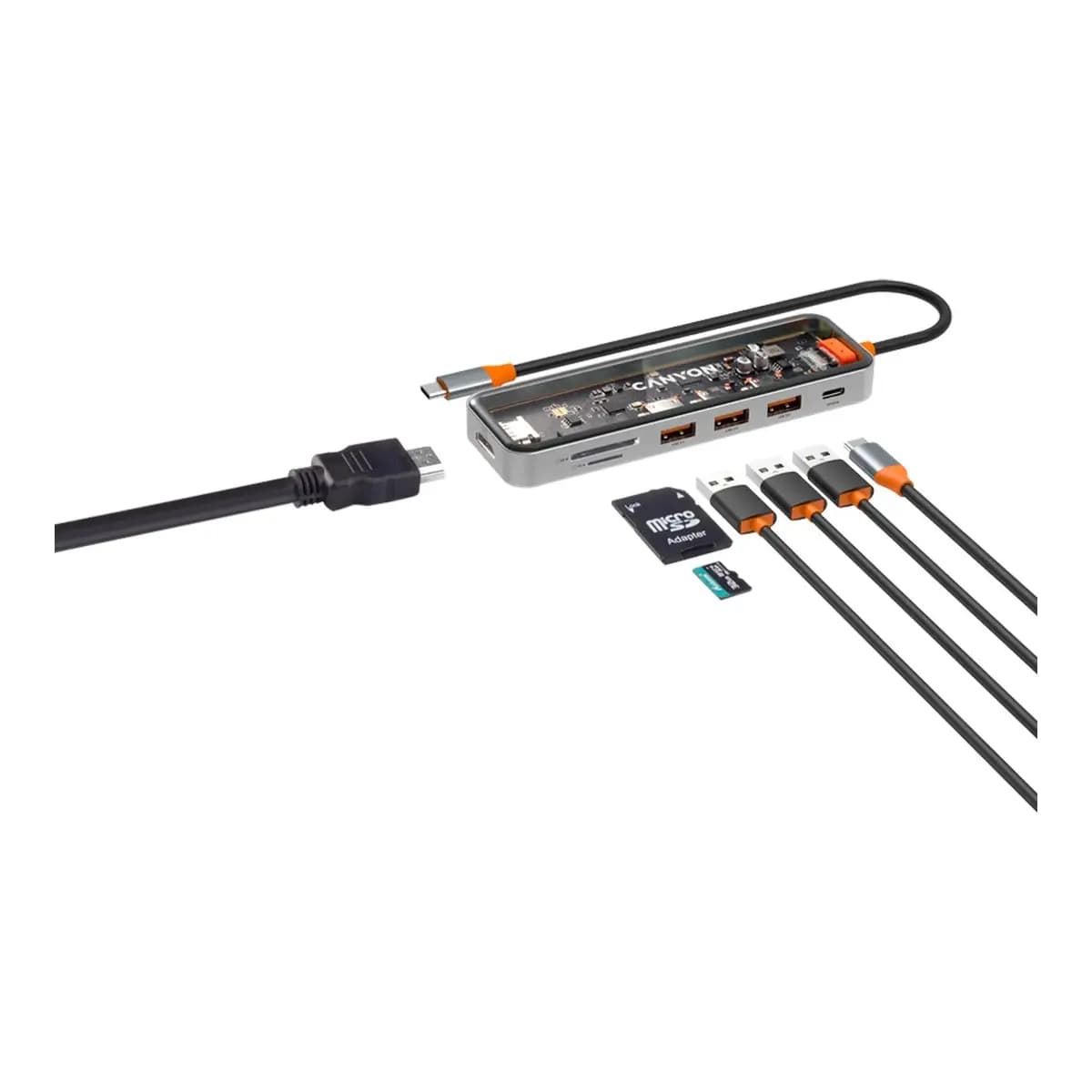 CANYON DS-13 USB-hub Size: 137.9mm*42.7mm*15mm Weight: 167.5gCable length: 155mm Material: Zinc alloy+Tempered glass+TPE Port: Type-C