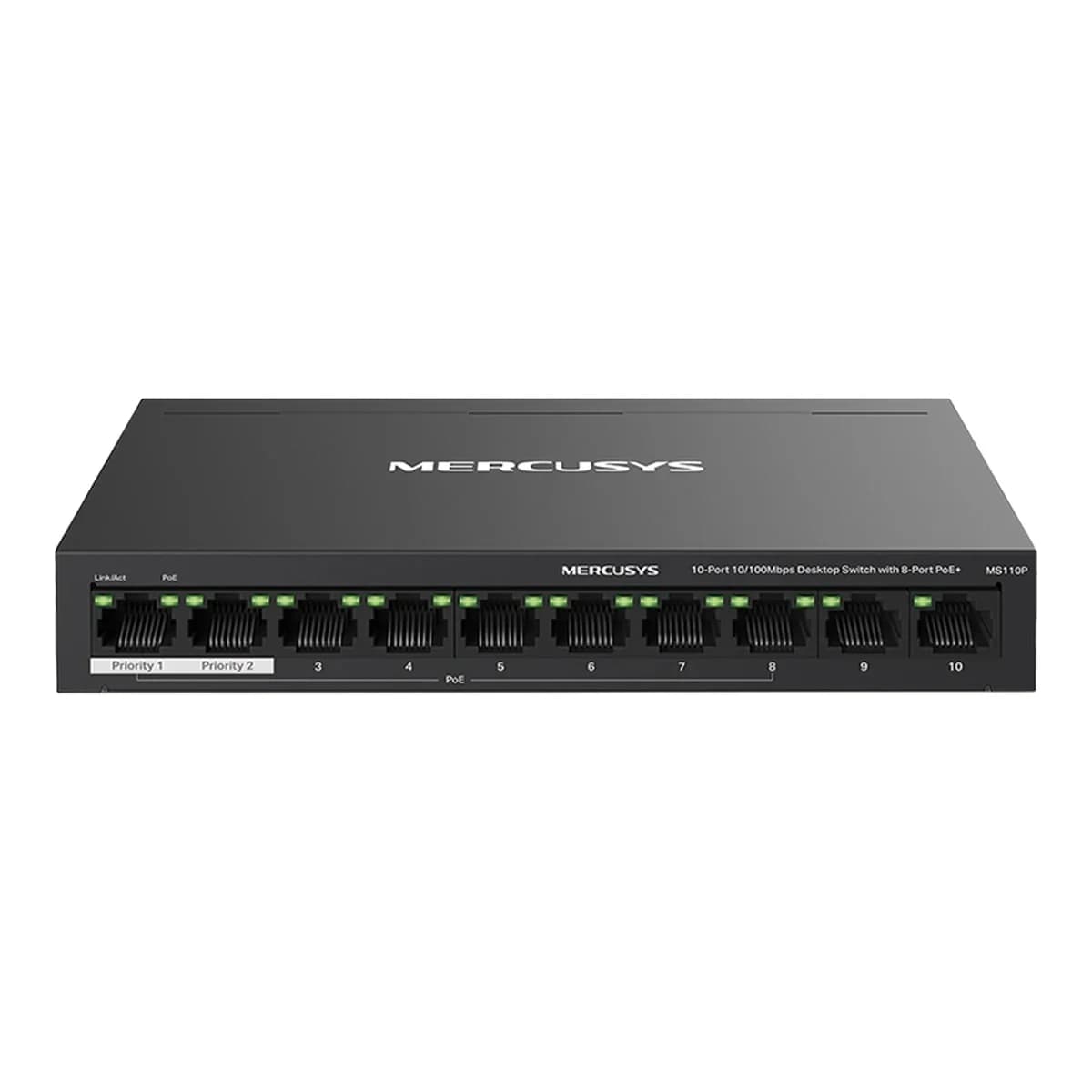 MERCUSYS Switch 10-Port 10/100Mbps MS110P, Unmanaged, 8x PoE+ 65W, Extend Mode 250m