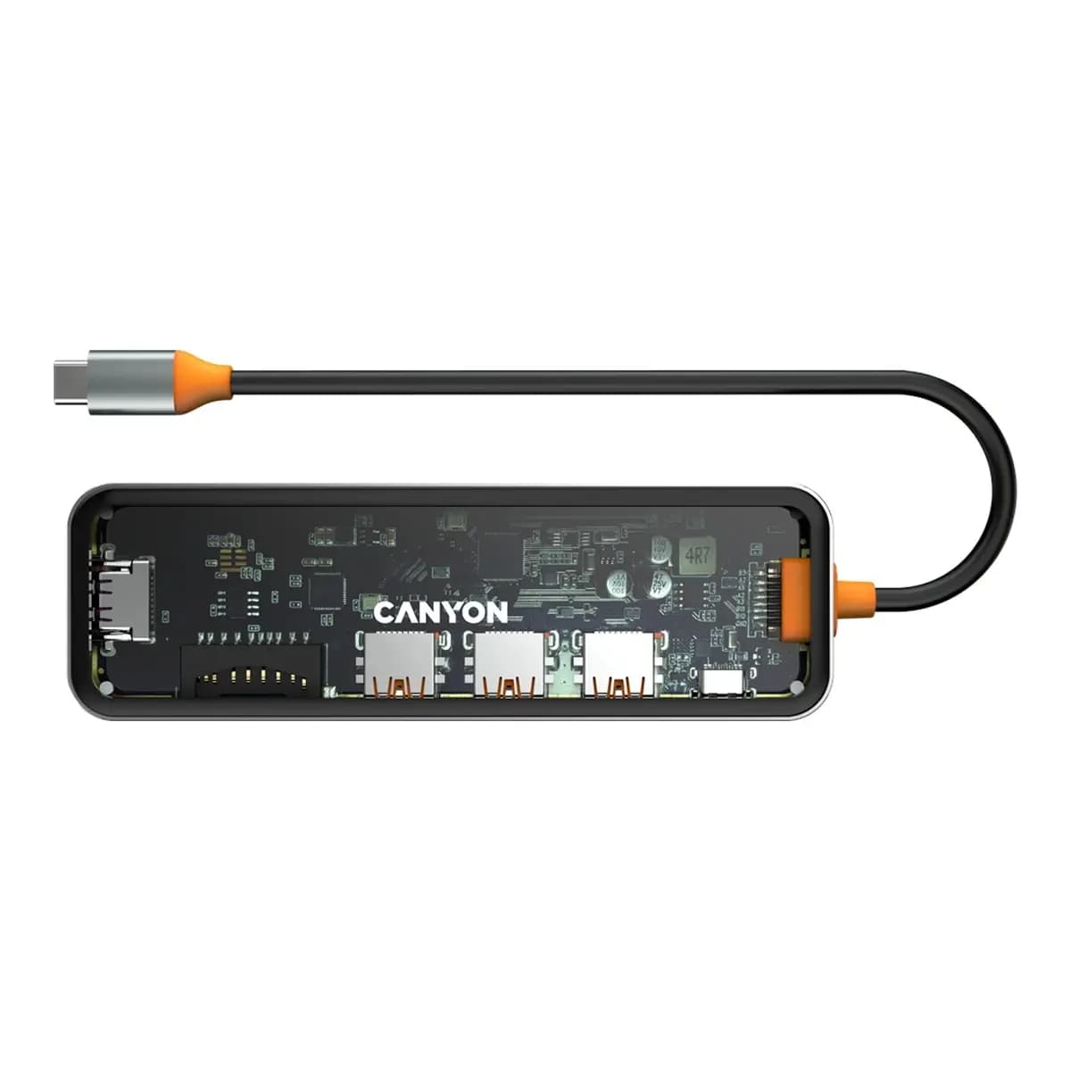 CANYON DS-13 USB-hub Size: 137.9mm*42.7mm*15mm Weight: 167.5gCable length: 155mm Material: Zinc alloy+Tempered glass+TPE Port: Type-C