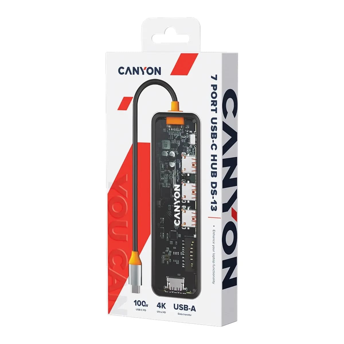CANYON DS-13 USB-hub Size: 137.9mm*42.7mm*15mm Weight: 167.5gCable length: 155mm Material: Zinc alloy+Tempered glass+TPE Port: Type-C