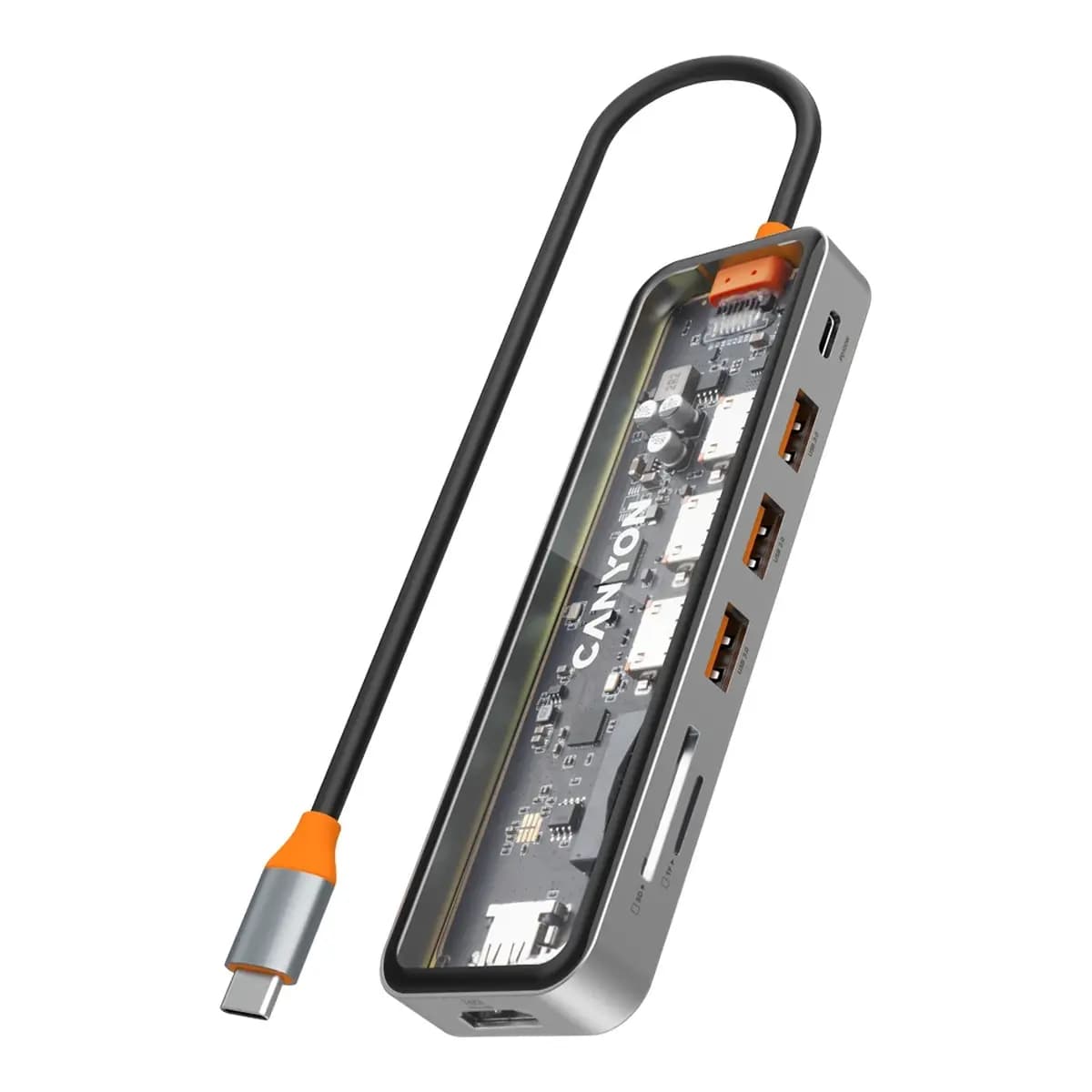 CANYON DS-13 USB-hub Size: 137.9mm*42.7mm*15mm Weight: 167.5gCable length: 155mm Material: Zinc alloy+Tempered glass+TPE Port: Type-C