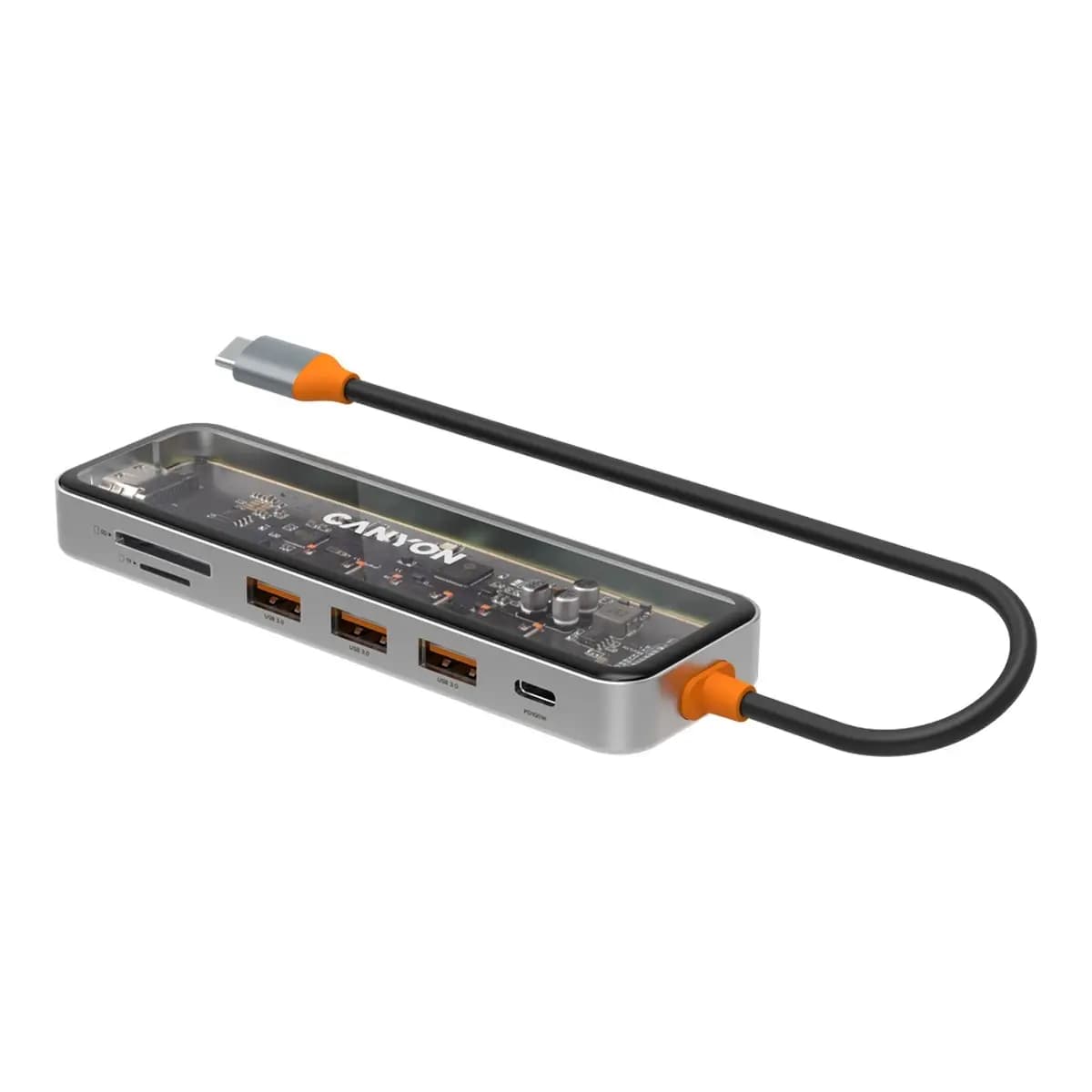 CANYON DS-13 USB-hub Size: 137.9mm*42.7mm*15mm Weight: 167.5gCable length: 155mm Material: Zinc alloy+Tempered glass+TPE Port: Type-C