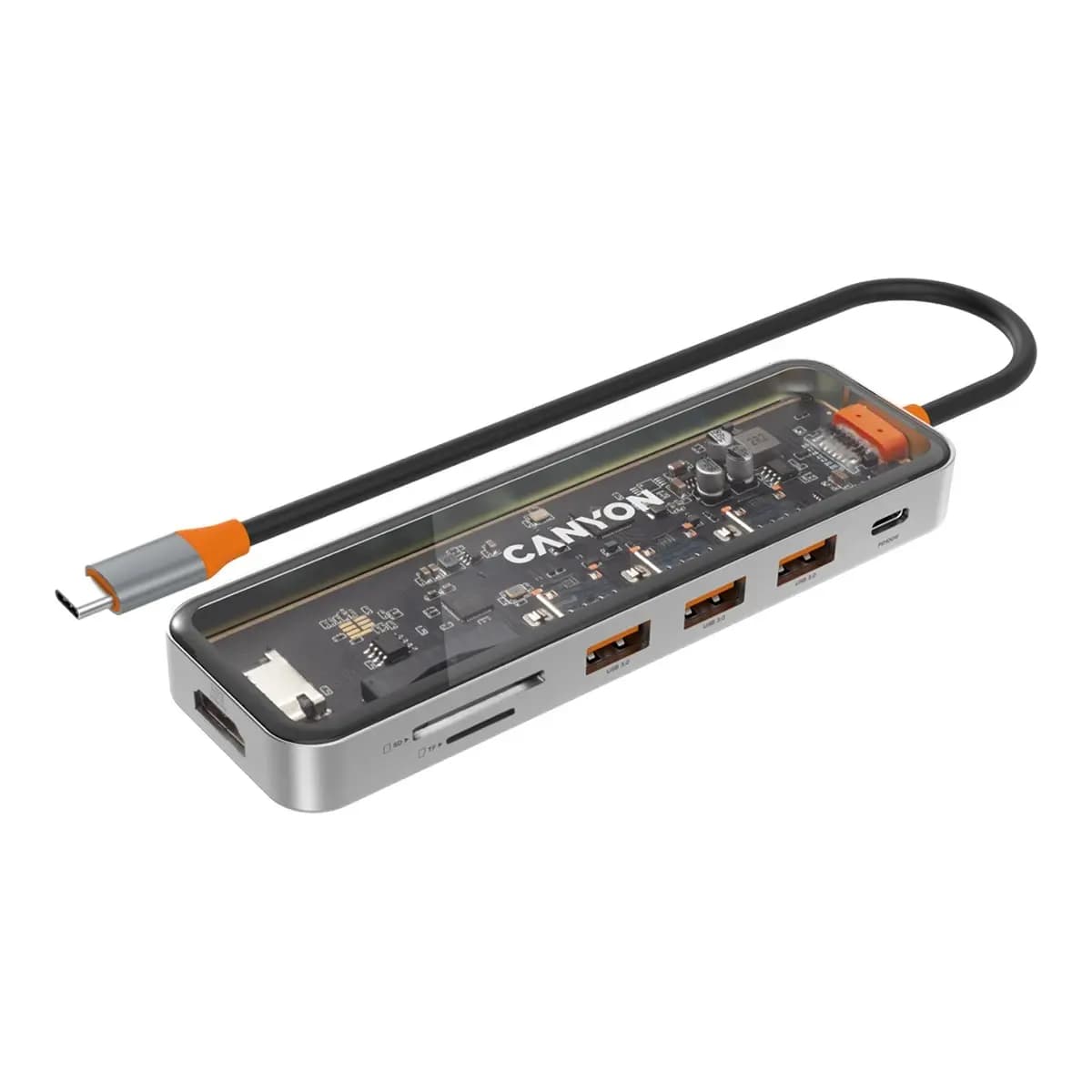 CANYON DS-13 USB-hub Size: 137.9mm*42.7mm*15mm Weight: 167.5gCable length: 155mm Material: Zinc alloy+Tempered glass+TPE Port: Type-C