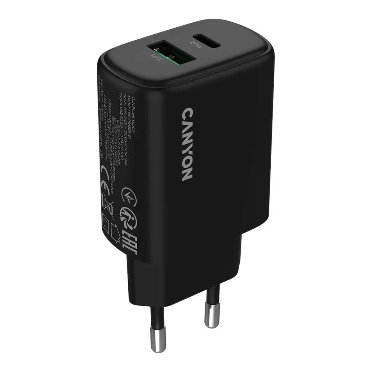 Canyon Punjač OnCharge 200 20W, 1x PD, 1x QC, EU, Crni – Brzo punjenje, Kompaktni dizajn