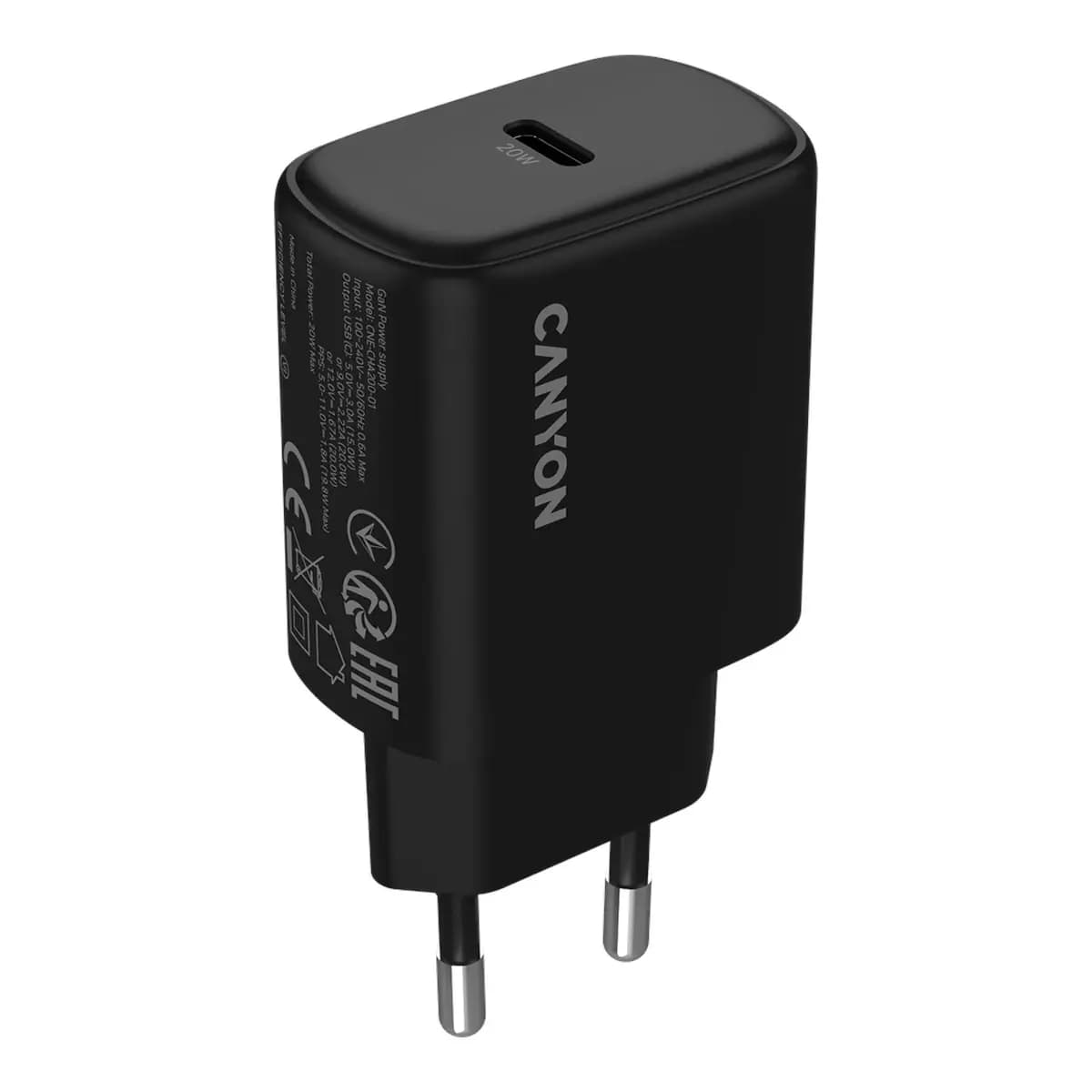 Canyon Punjač OnCharge 200 20W, 1xPD, EU utikač, crni