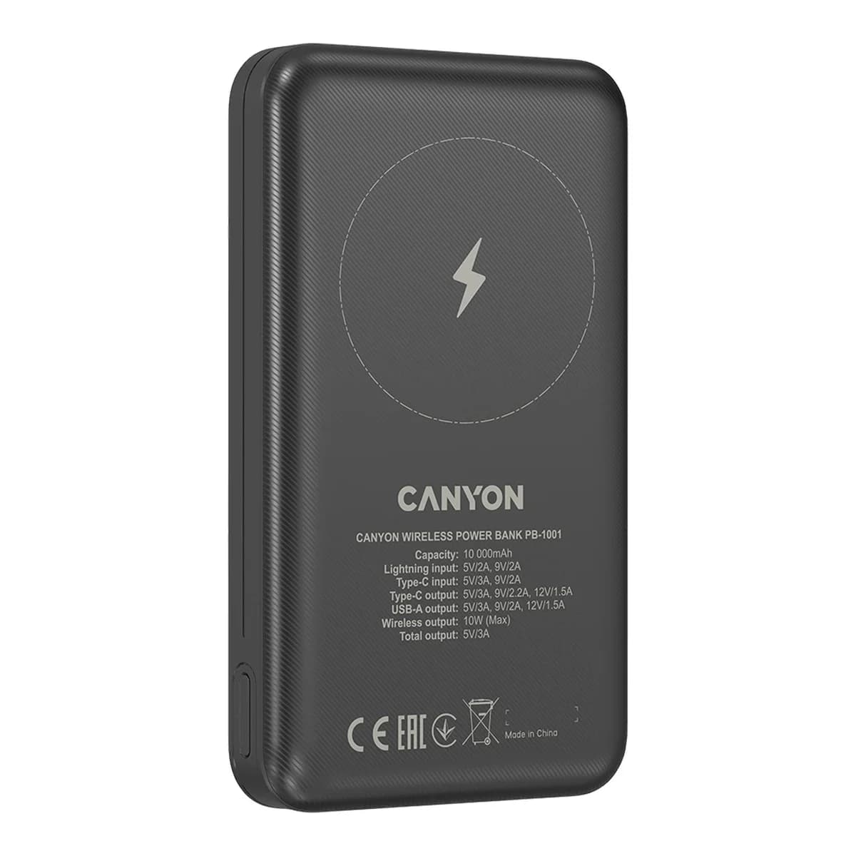 Canyon Eksterni punjač PB-1001 10000 mAh, 18W PD, QC 3.0, Bežično punjenje 10W, Crni