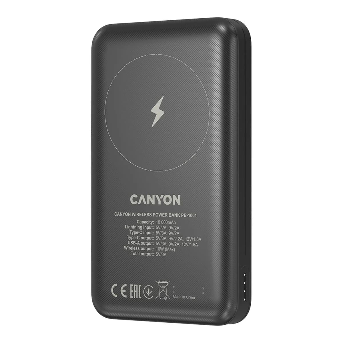 Canyon Eksterni punjač PB-1001 10000 mAh, 18W PD, QC 3.0, Bežično punjenje 10W, Crni