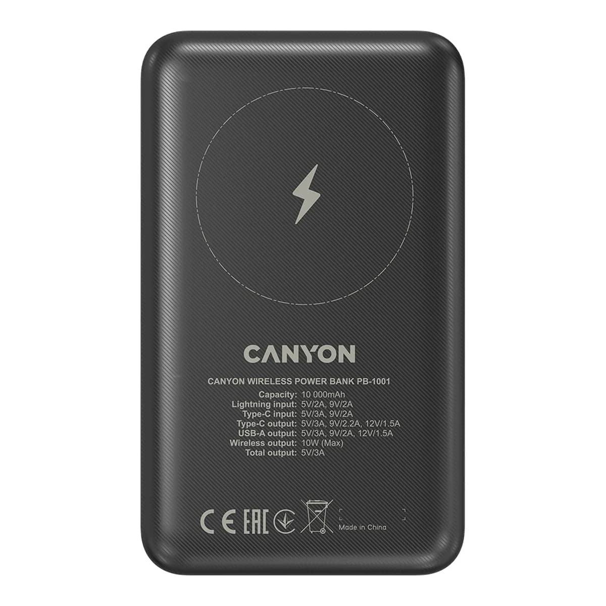 Canyon Eksterni punjač PB-1001 10000 mAh, 18W PD, QC 3.0, Bežično punjenje 10W, Crni