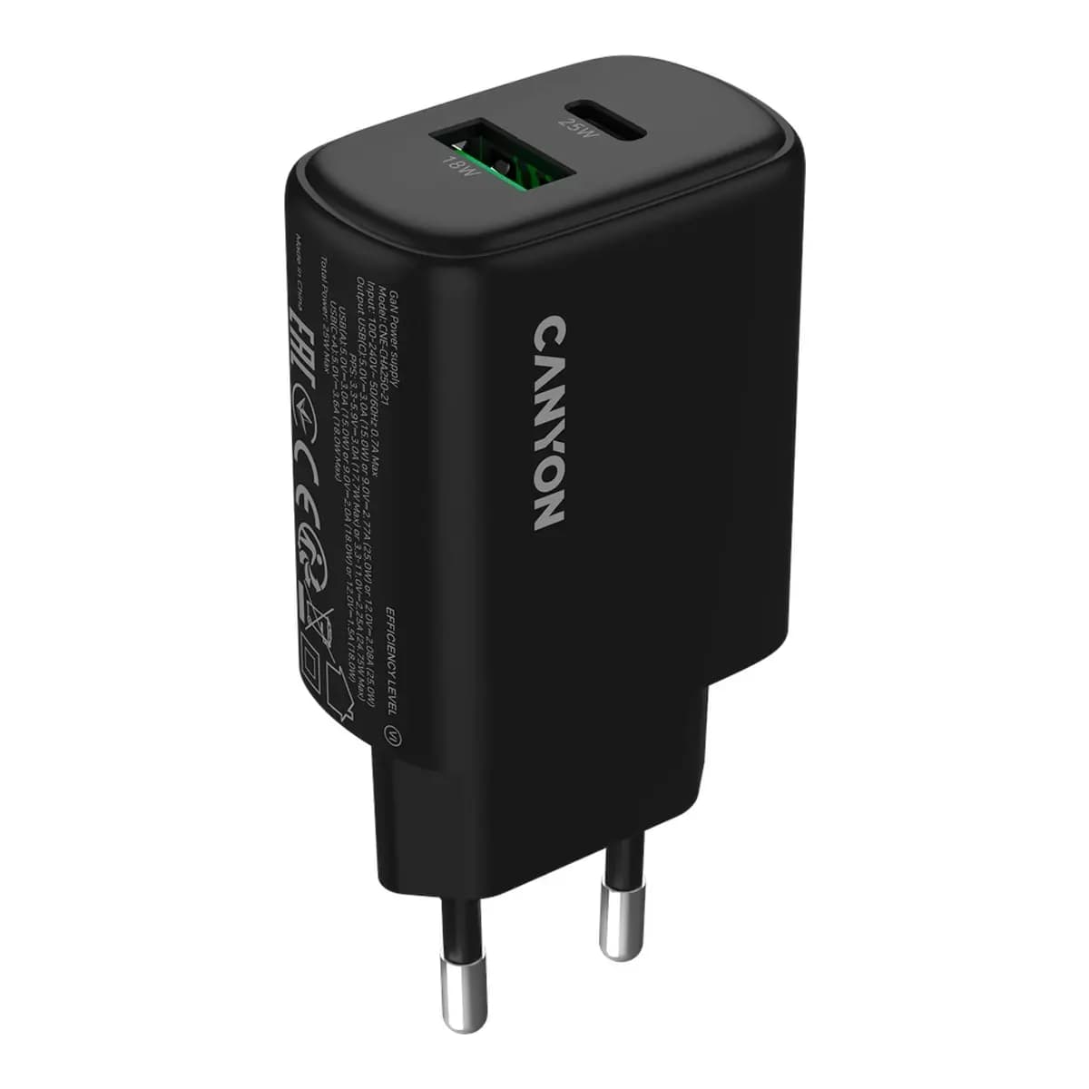 Canyon Punjač OnCharge 250 25W, 1xPD, 1xQC, EU, Crni - Brzo punjenje, univerzalna kompatibilnost
