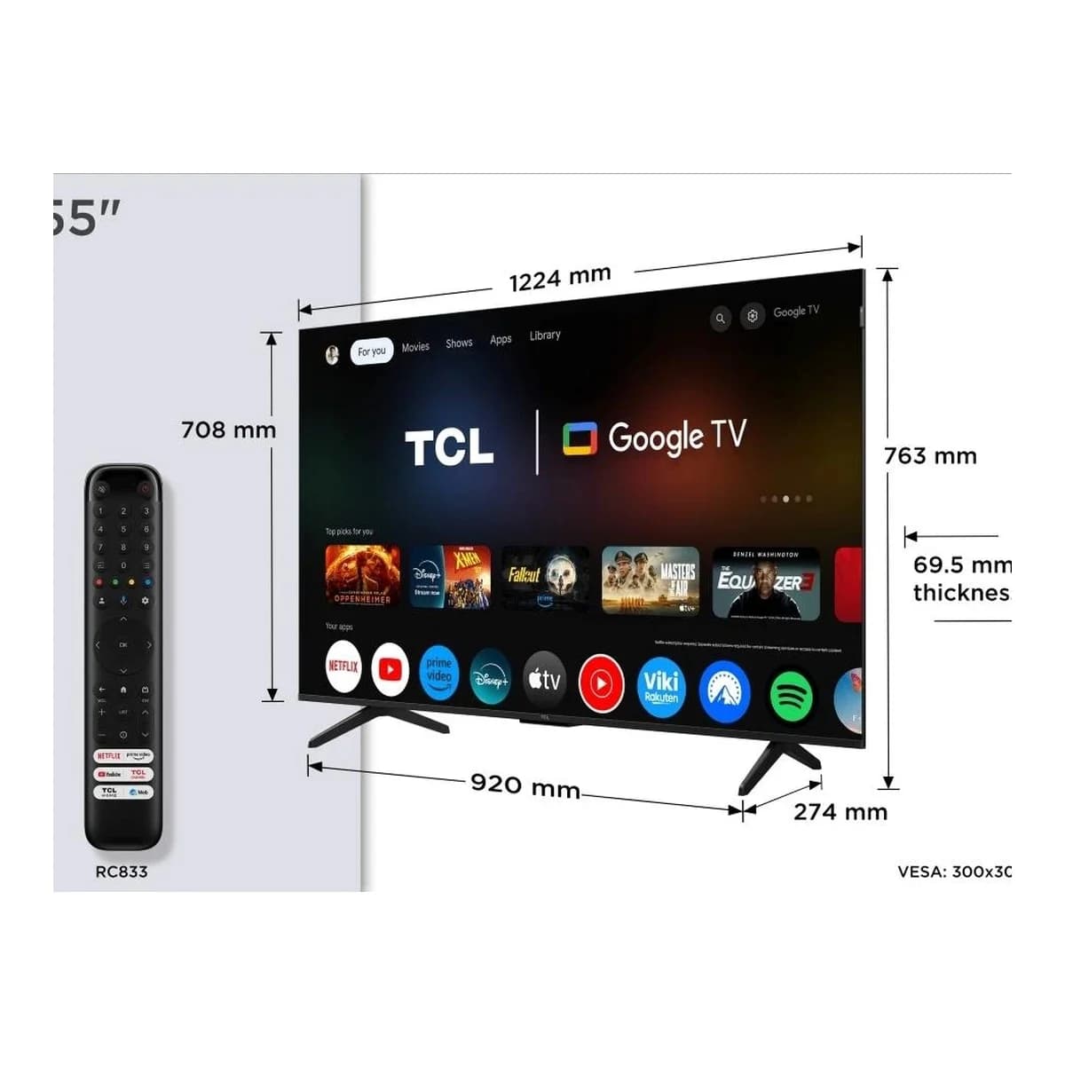 TCL TV 55" 4K QLED 55P7K, Google TV, HDR multi-format, Dolby Atmos, Game Master