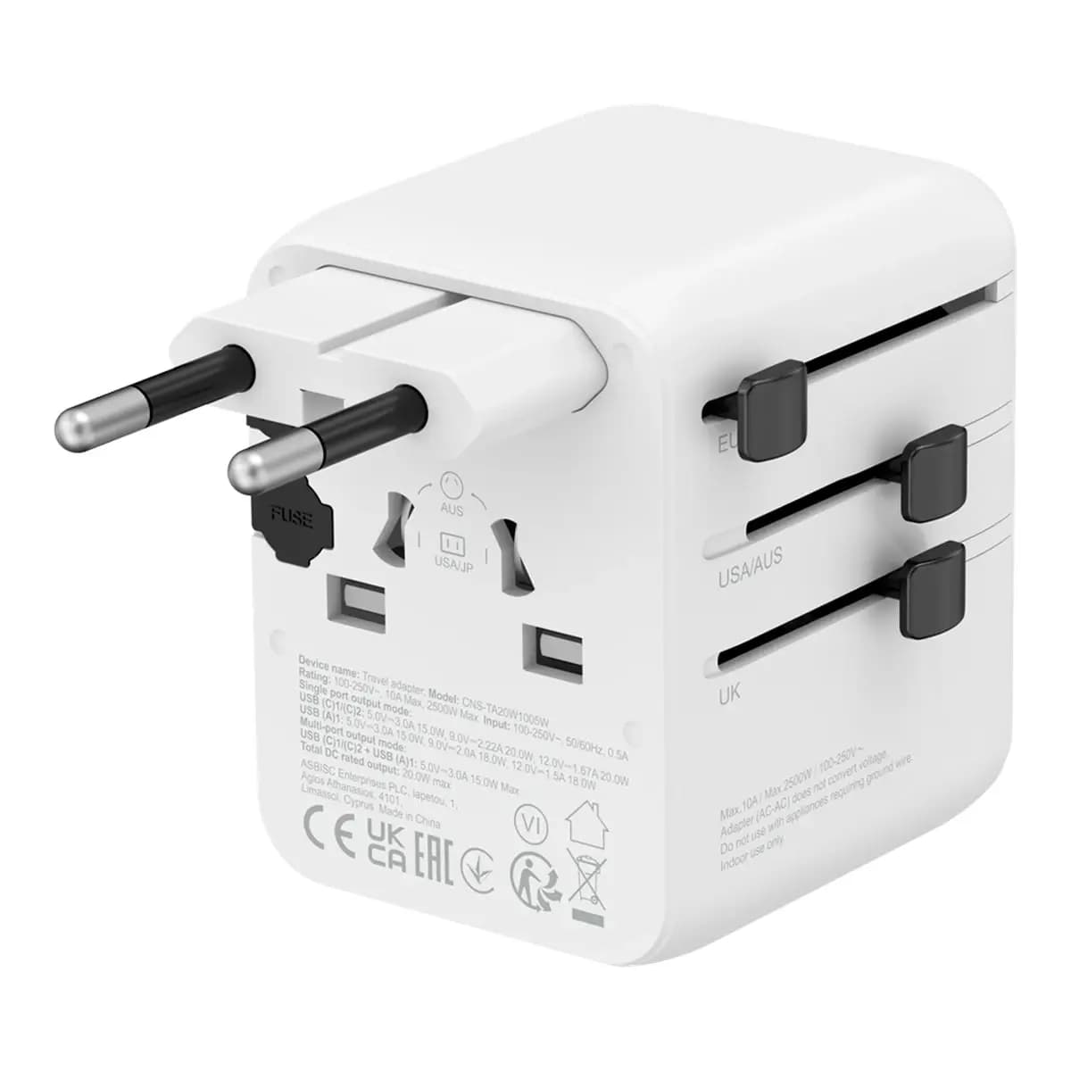 CANYON Putni Adapter OnTour 20 CNS-TA20W1005W Punite Sva 4 Tipa Utičnica, 20W USB-C Brzo Punjenje