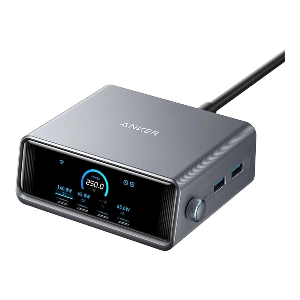 ANKER Power Adapter 250W Prime Charger GaNPrime, 6 Portova, LCD Display, Silver