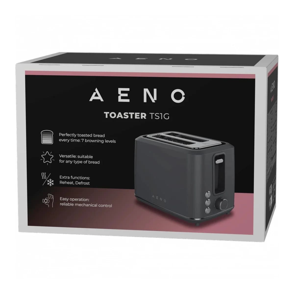AENO Toster Electric Toaster Grey, 1080W, 2 utora, 7 nivoa pečenja, Funkcije odmrzavanja i podgrijavanja