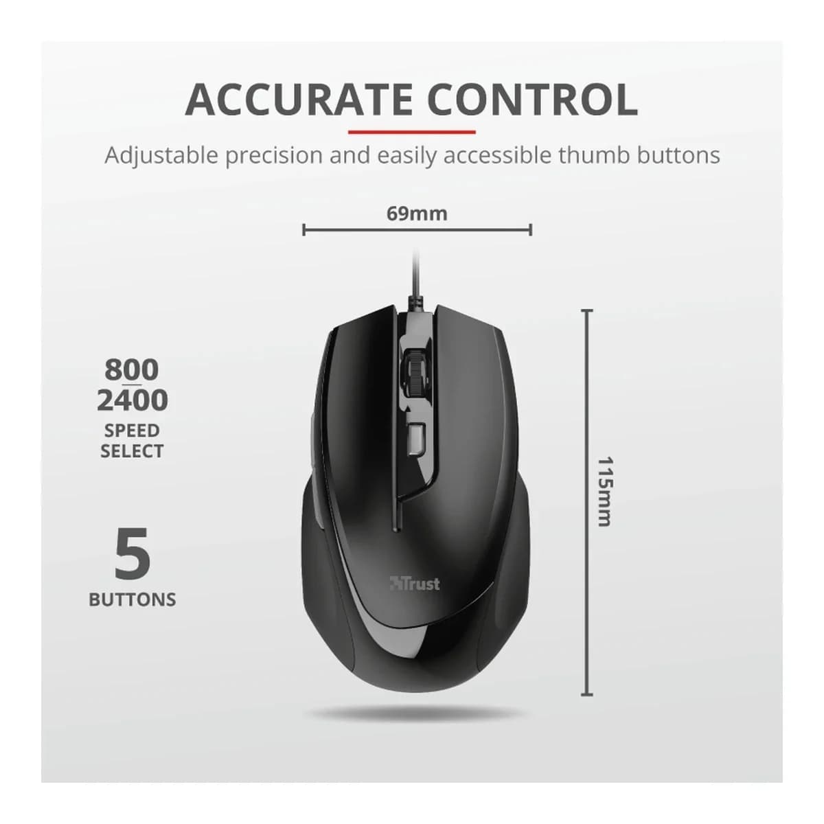 Trust Voca Comfortable miš žičani, easy-to-use, crni,800-2400 DPI, optički, 6 tipki, usb 2.0