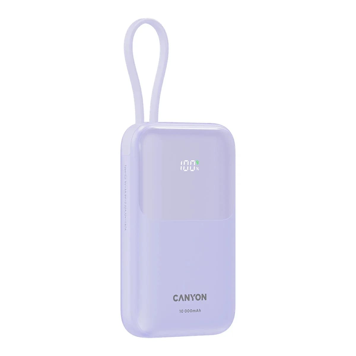 CANYON Power Bank OnPower 101, 10000 mAh, PD 22.5W, Built-in Type-C Cable, LCD Display, Purple