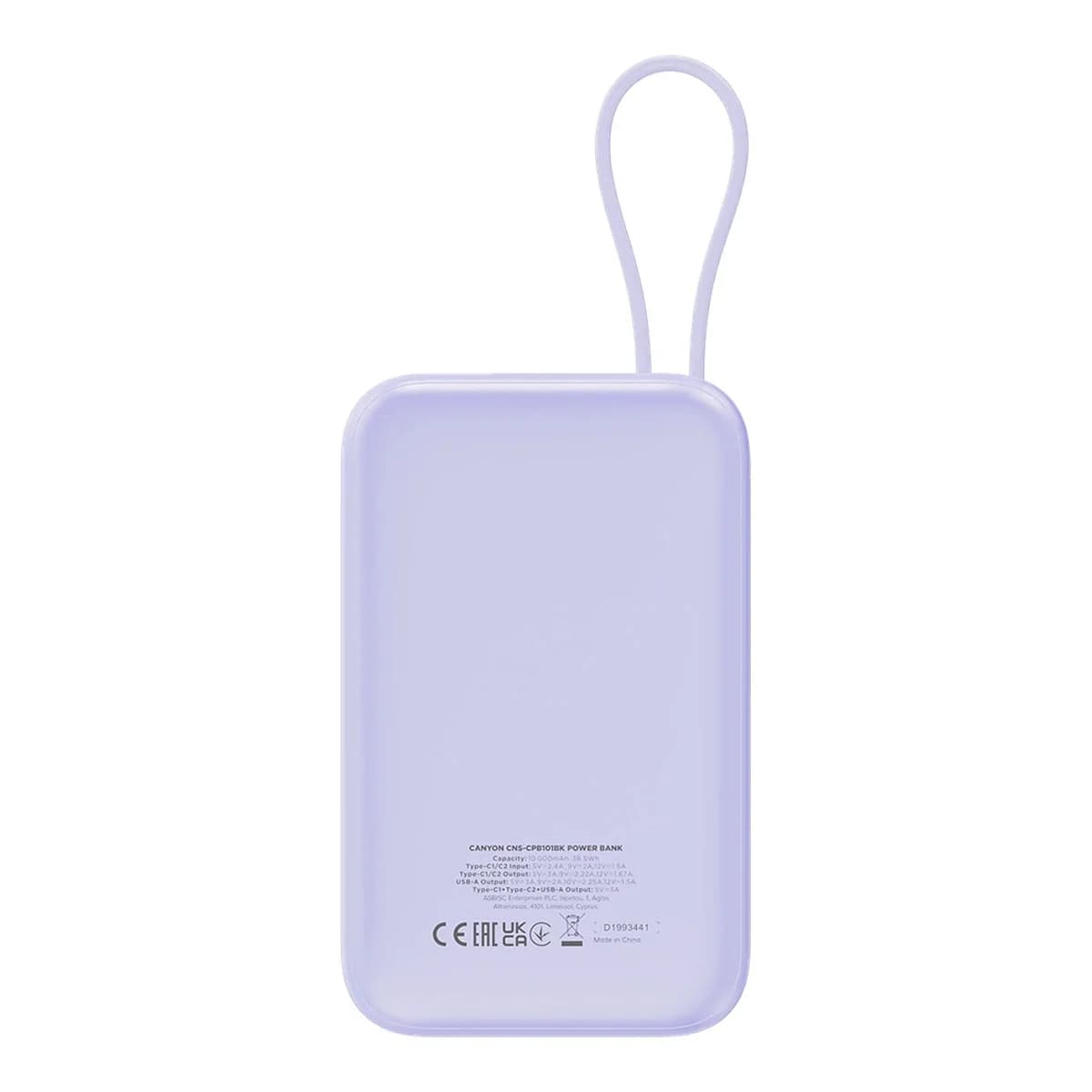 CANYON Power Bank OnPower 101, 10000 mAh, PD 22.5W, Built-in Type-C Cable, LCD Display, Purple