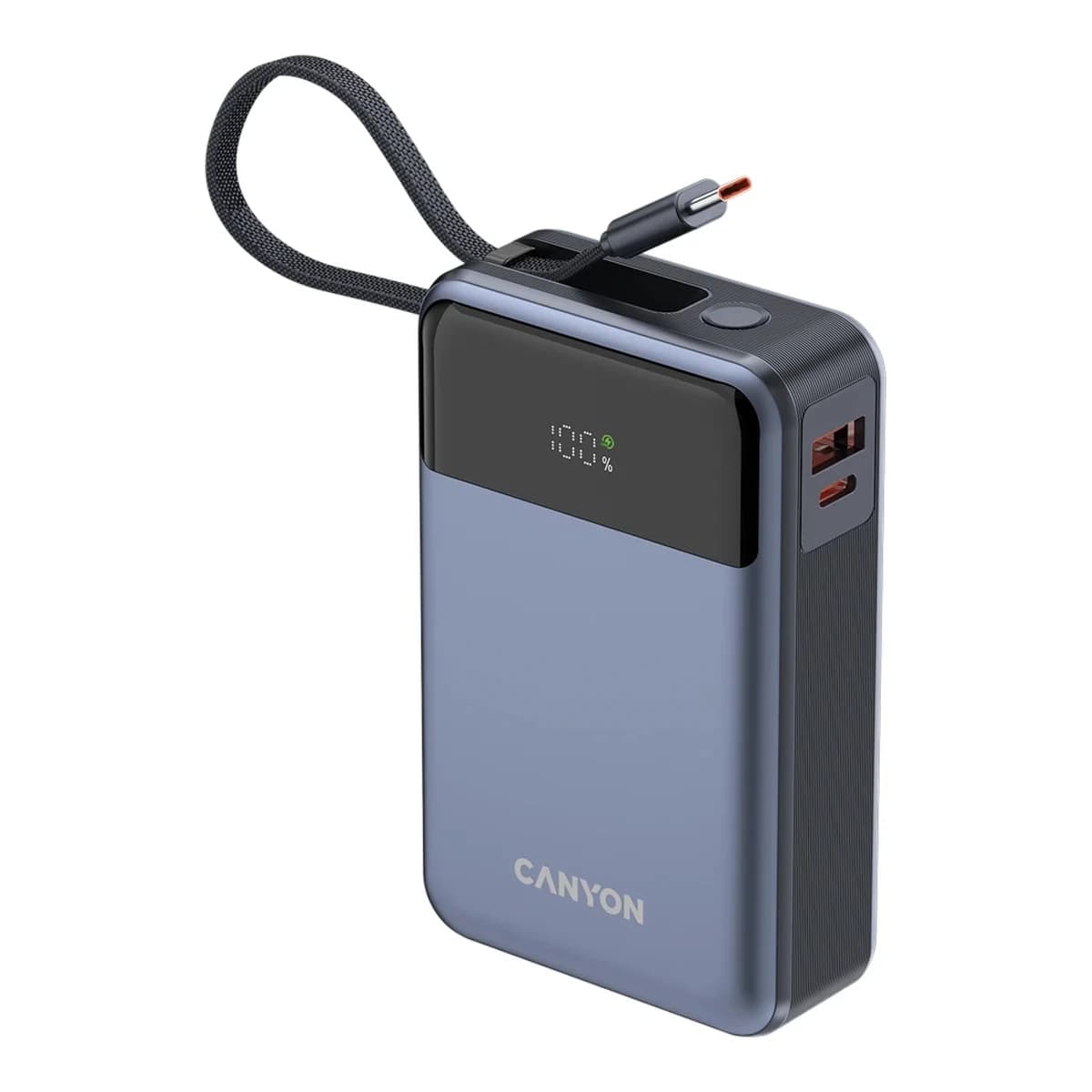 CANYON Power Bank OnPower 600, 20000 mAh, PD 65W, Ugrađen Type-C kabel, Digitalni zaslon, Tamno sivi