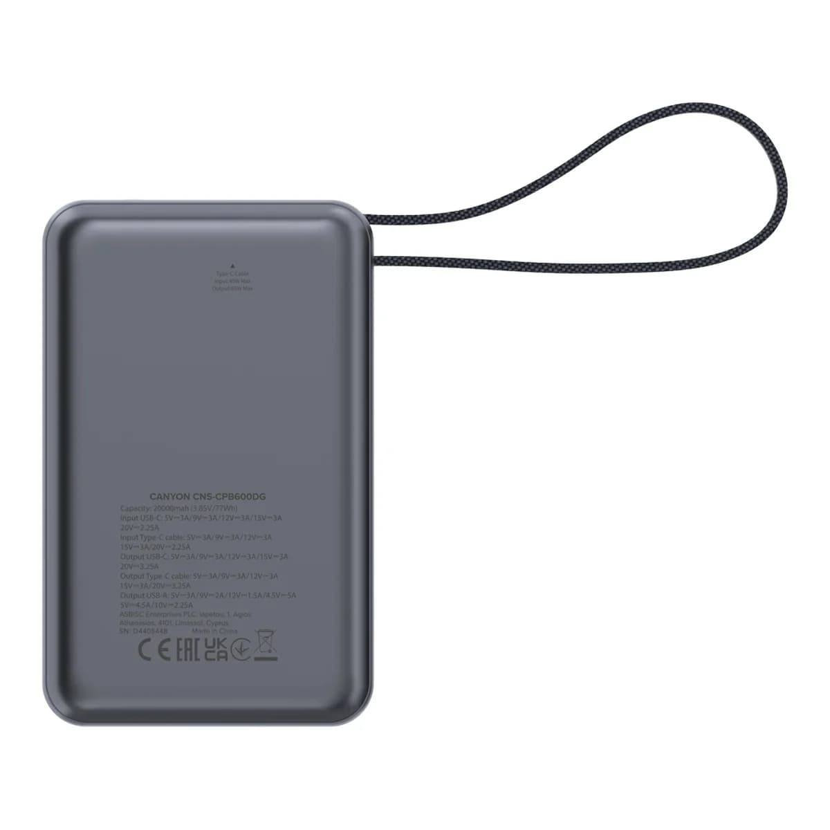 CANYON Power Bank OnPower 600, 20000 mAh, PD 65W, Ugrađen Type-C kabel, Digitalni zaslon, Tamno sivi