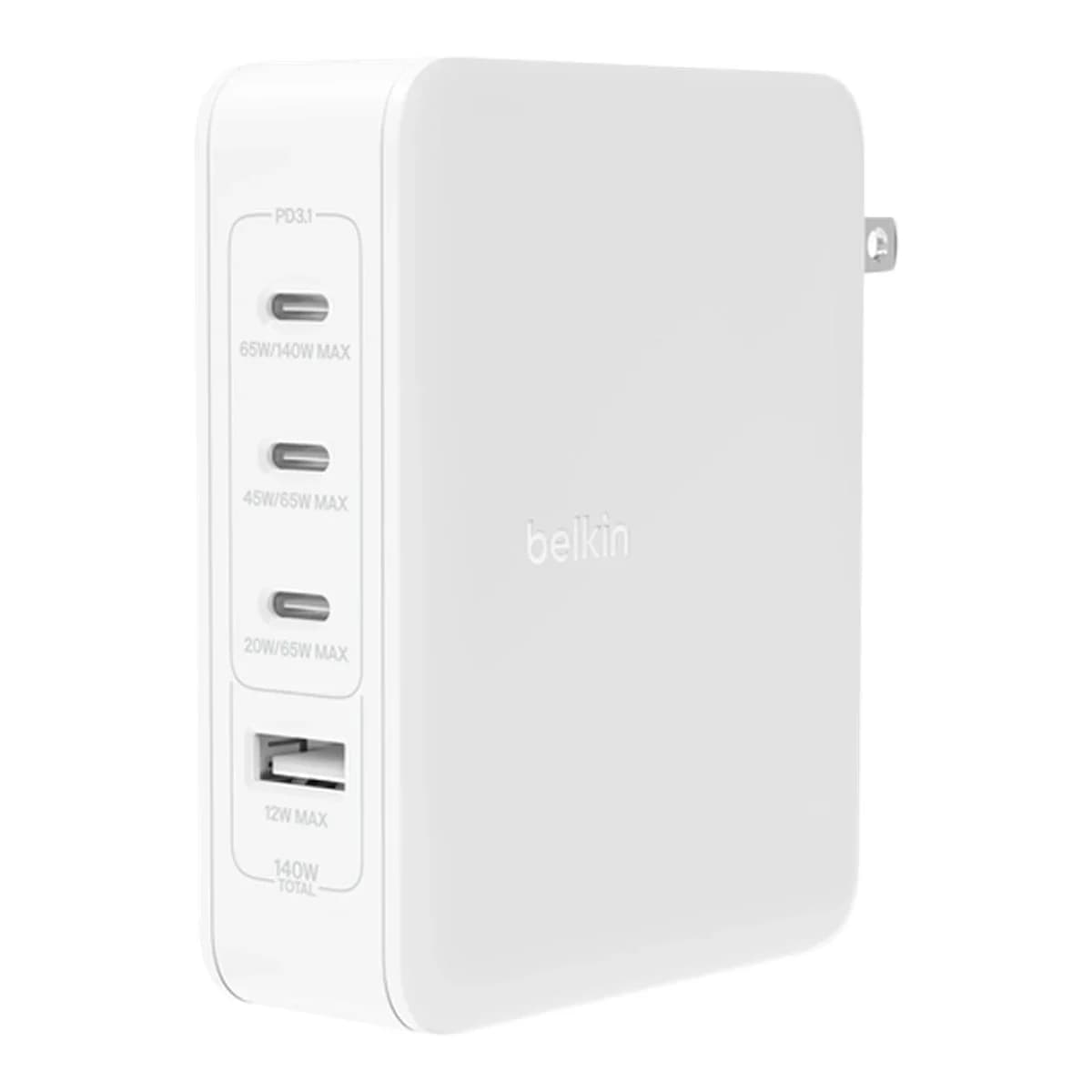 BELKIN Punjač Zidni GaN 140W, 4-Porta USB, UK/EU/US adapteri, Bijeli