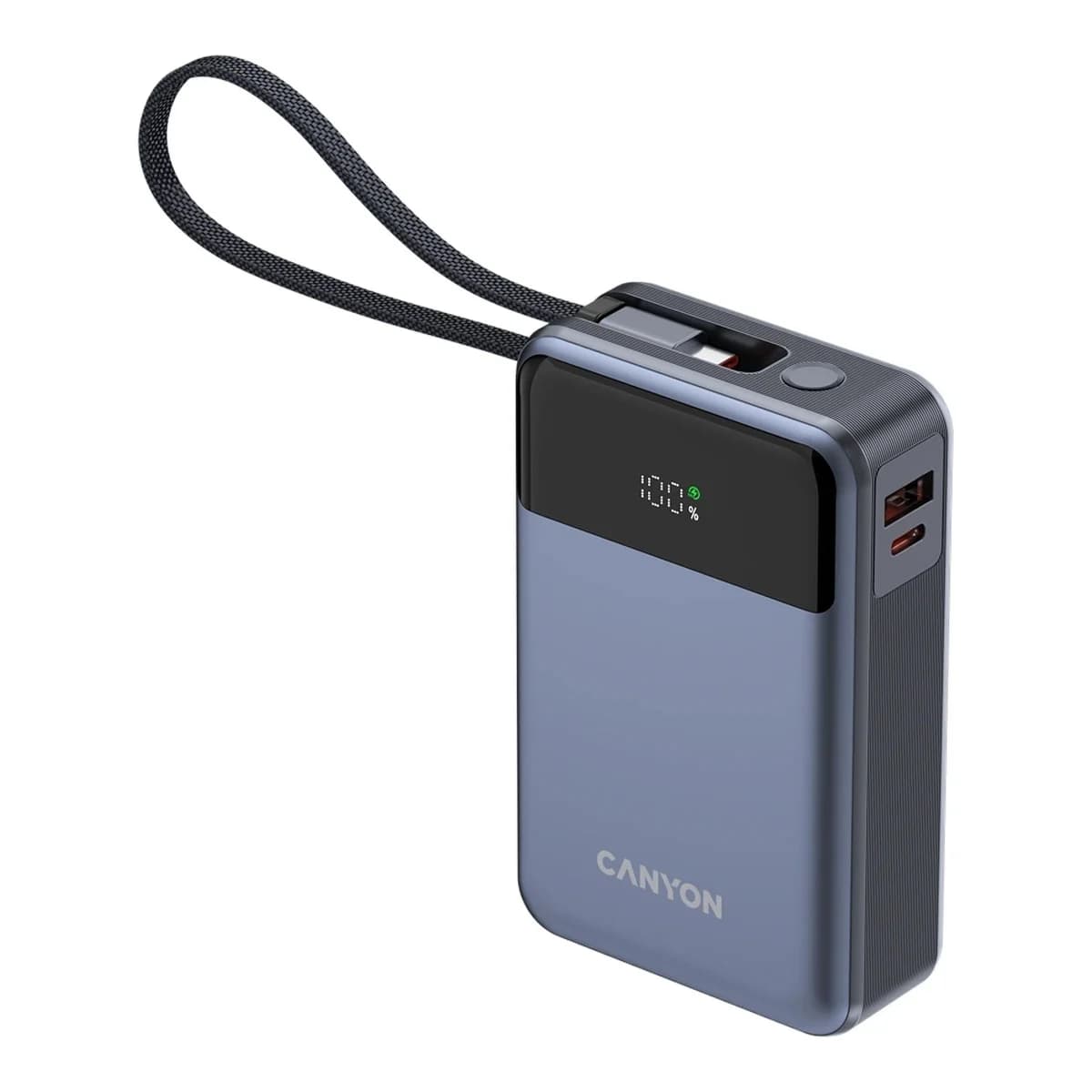 CANYON Power Bank OnPower 600, 20000 mAh, PD 65W, Ugrađen Type-C kabel, Digitalni zaslon, Tamno sivi