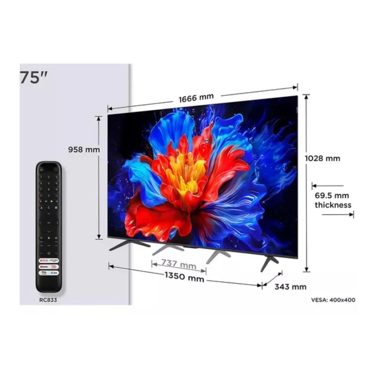 TCL TV 75" 4K QLED 75P8K, Google TV, 144Hz, Motion Clarity Pro, Onkyo 2.1, Dolby Vision, HDR10+