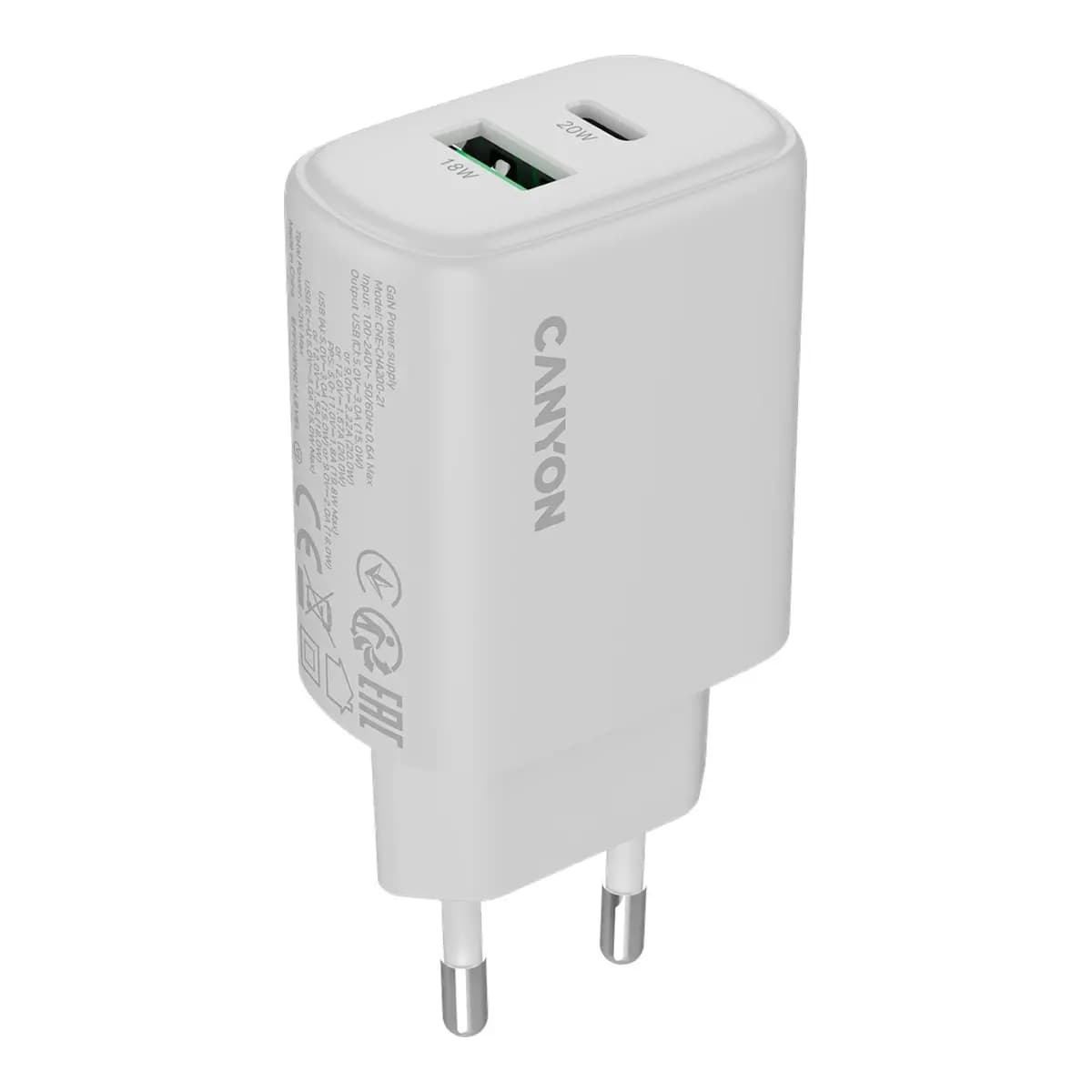 CANYON Punjač OnCharge 200, 20W, 1xPD, 1xQC, Bijeli