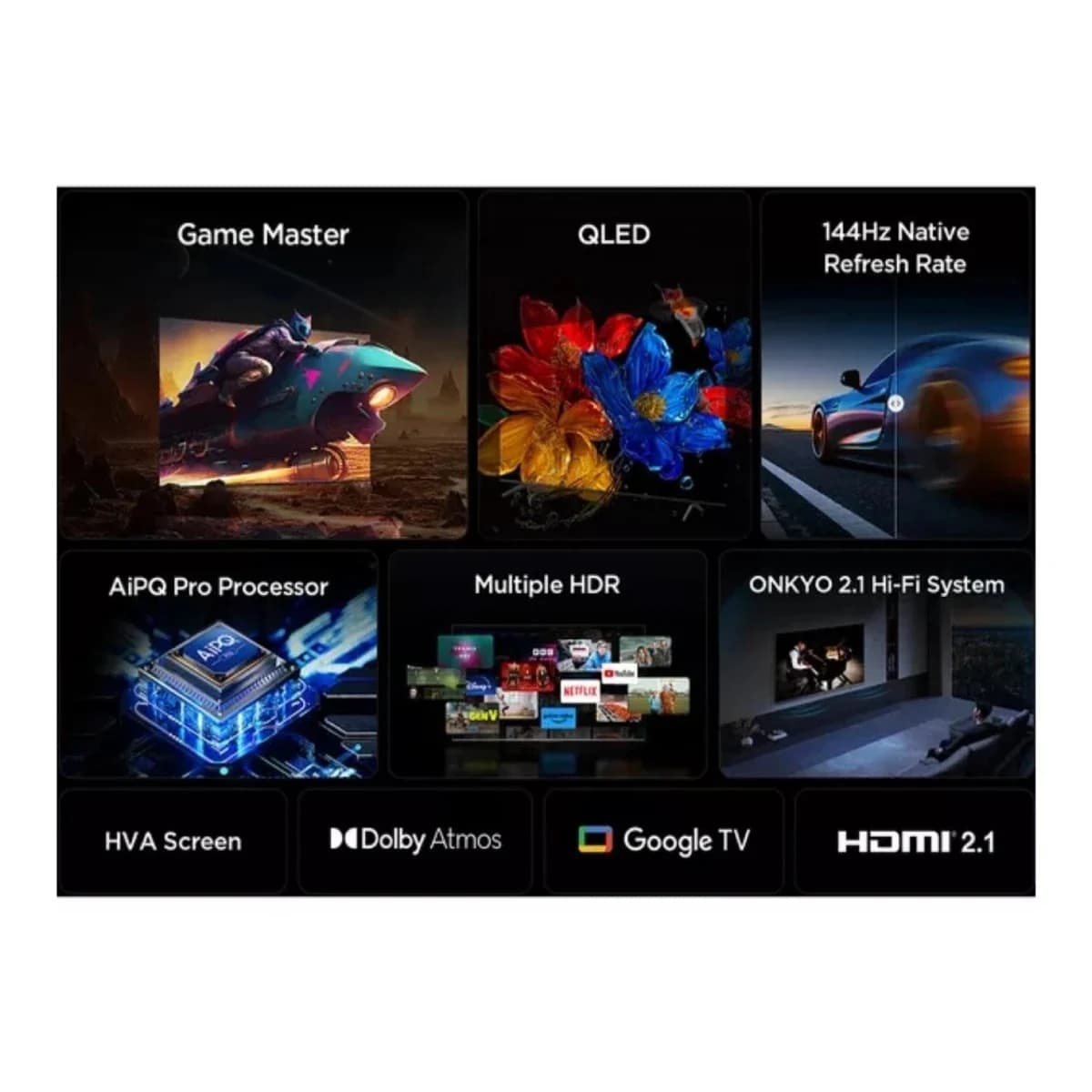 TCL TV 75" 4K QLED 75P8K, Google TV, 144Hz, Motion Clarity Pro, Onkyo 2.1, Dolby Vision, HDR10+