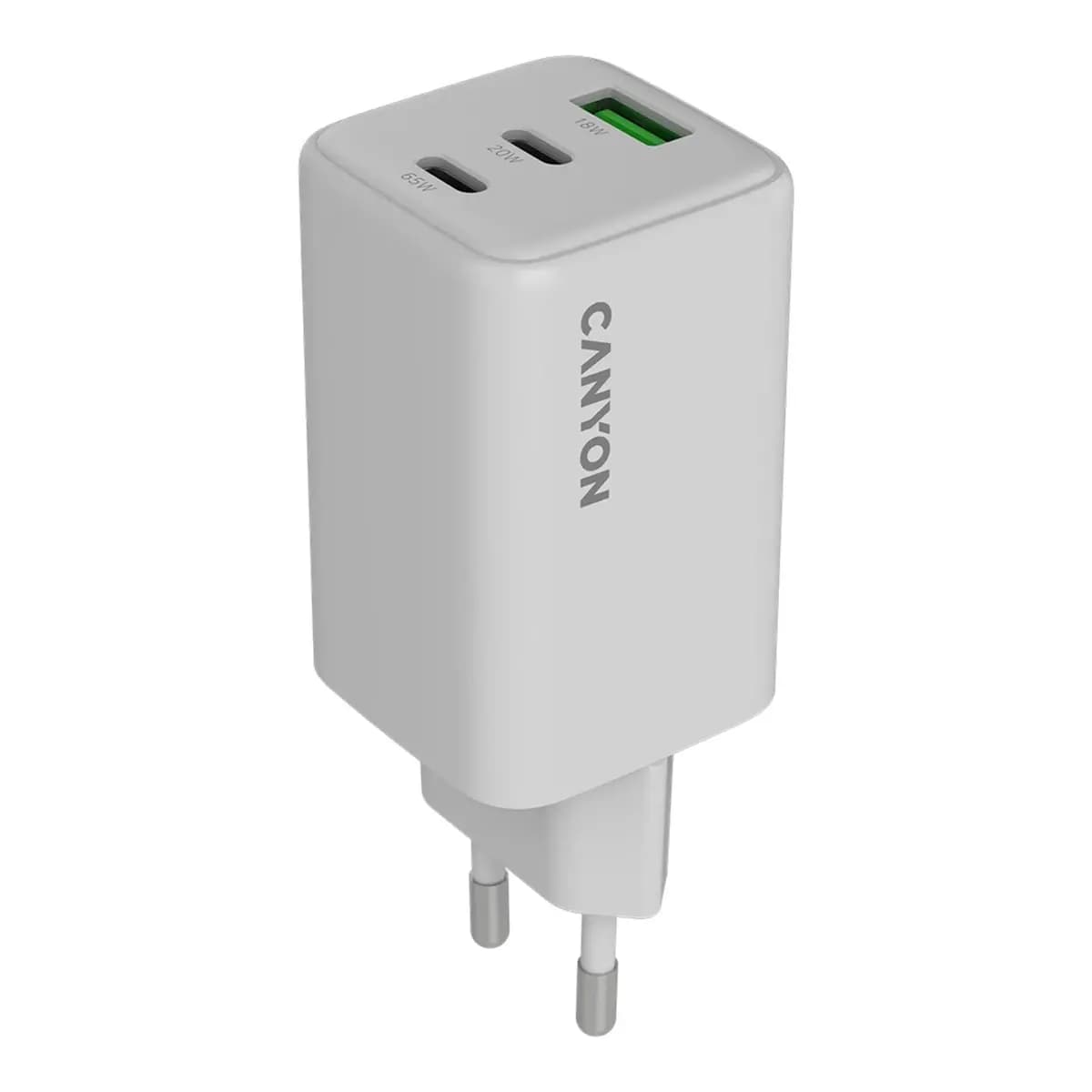 CANYON Punjač CU65ACC GaN, 65W, 2x USB-C PD, 1x USB-A QC, Bijeli