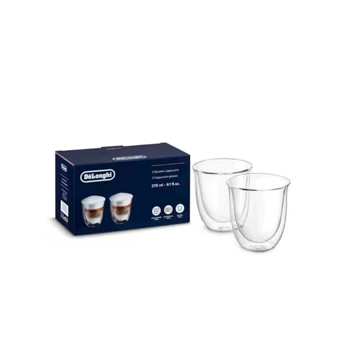 DELONGHI Šoljice za cappuccino DLSC311, 270ml, 2 komada, Borosilikatno staklo, Dvostruka stijenka, Perivo u mašini za suđe