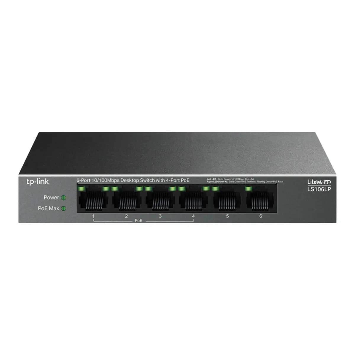 TP-LINK Switch 6-Port 10/100 Mbps LS106LP, Unmanaged, 41W PoE, Desktop Steel Case