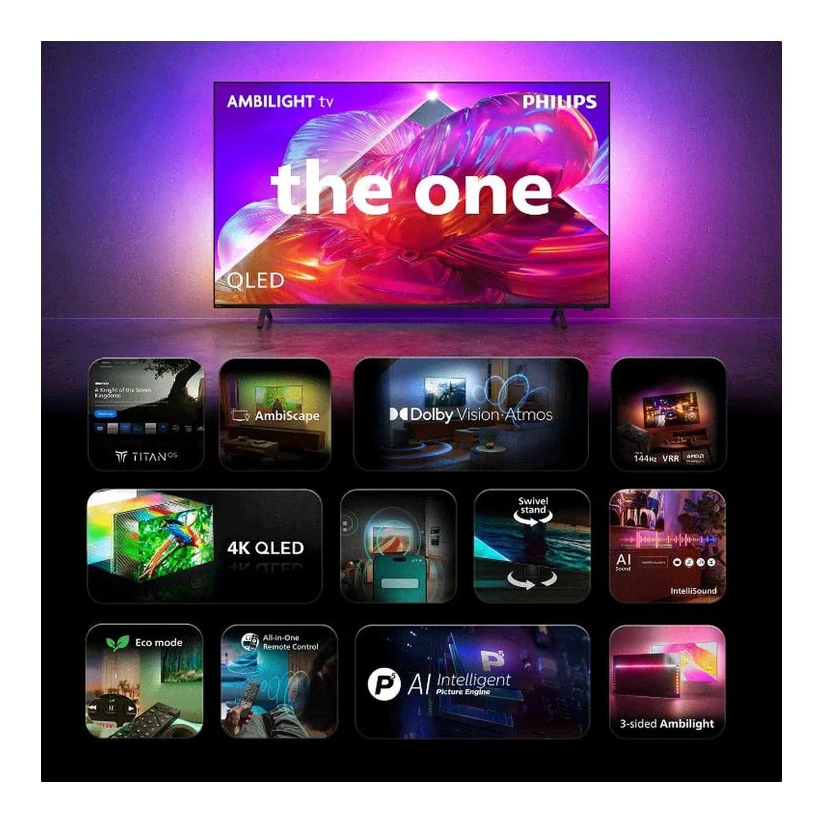 PHILIPS TV 55" 4K QLED 55PQS9011, Smart TV, Titan OS, Ambilight, 144Hz, P5 Engine, Dolby Atmos, Dolby Vision