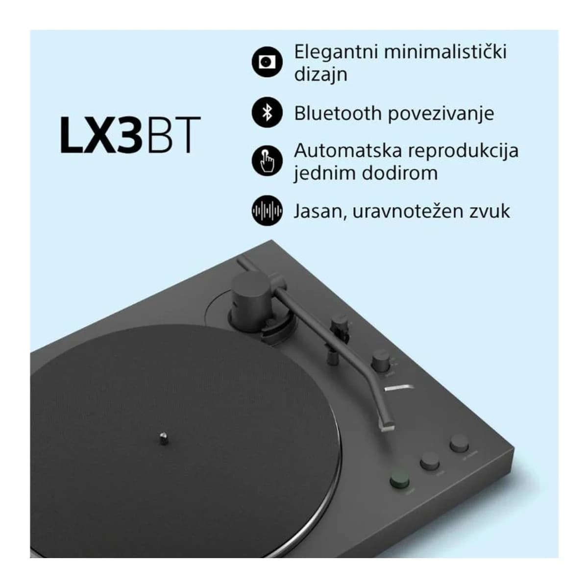 SONY Gramofon PS-LX3, Bluetooth, aptX Adaptive, Hi-Res Wireless, automatska reprodukcija, remenasti pogon 33-1/3 i 45 ok./min