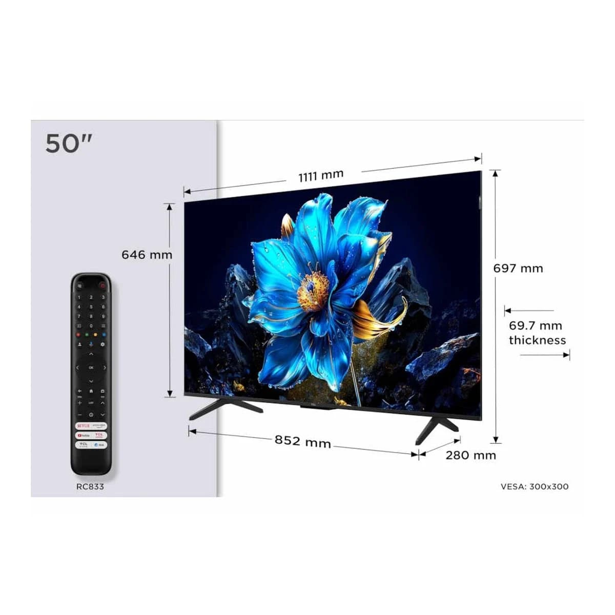 TCL 50"P7K 4K QLED TV 60HzGoogle TV; HDR multi-format;HVA Panel; Game Master; Dolby Atmos;