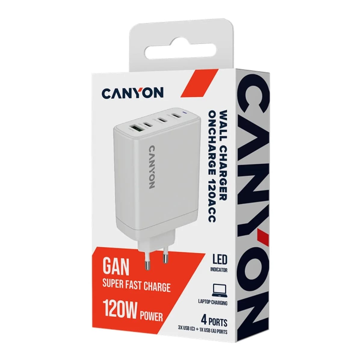 CANYON Punjač OnCharge 120 GAN, 120W, 3x USB-C + 1x USB-A, EU utikač, Bijeli