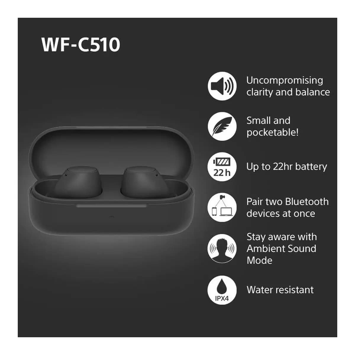SONY Slušalice WF-C510 TWS In-Ear, Bluetooth, Mikrofon, Do 22h Baterija, Crne