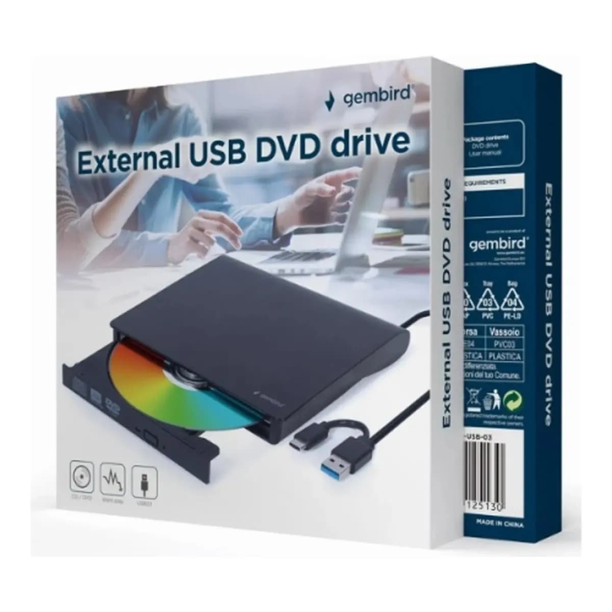 GEMBIRD Eksterni DVD-RW uređaj Slim External Black, USB 3.1 Gen 1, DVD+R 8x, podrška za CD/DVD medije