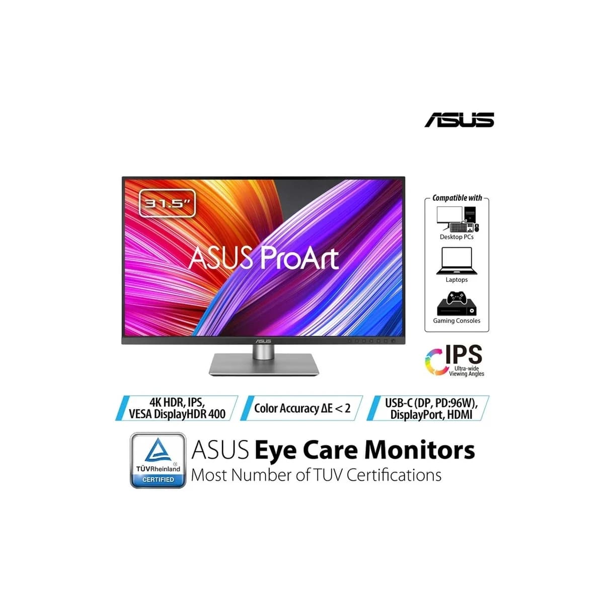 Asus 32" ProArt mon PA329CRV32",4K,IPS,350cd,60Hz,5ms,HDMIx2,DPx2,3xUSB 3.2.1xUSB Type-C 96W,Speak