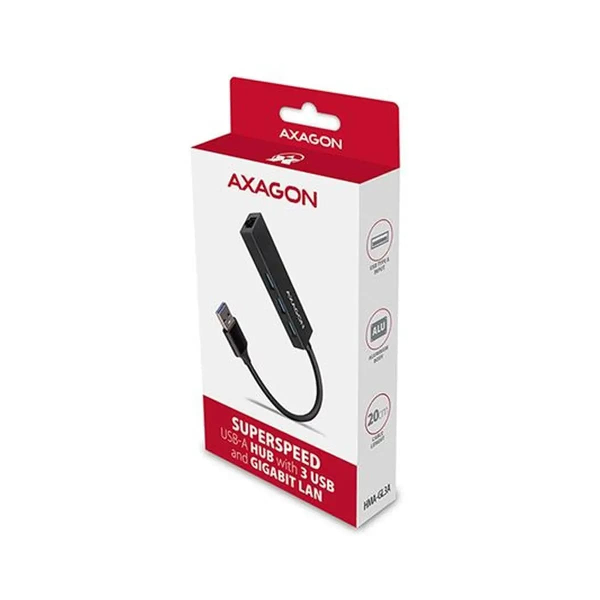 USB HUB AXAGON HMA-CR3A 3x USB-A + Gigabit LAN, 20cm